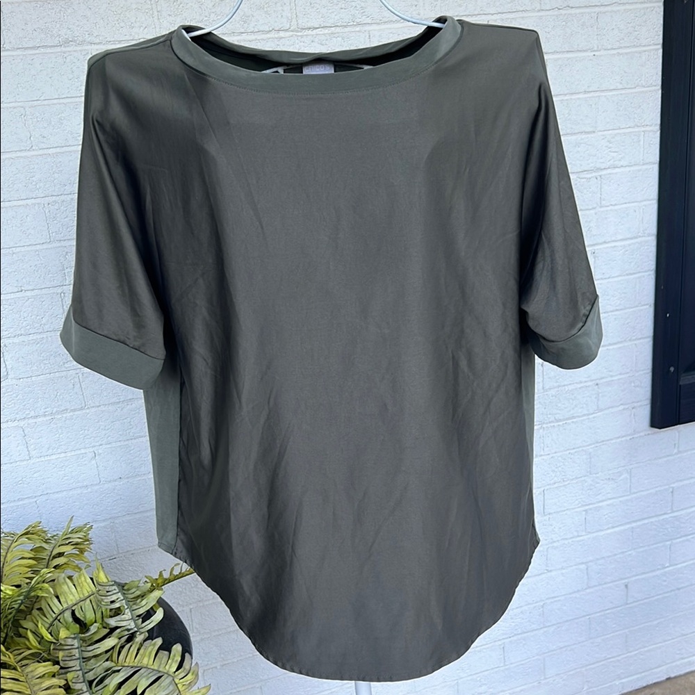 Chico's Olive Green Satin Front Short Sleeve Tee
